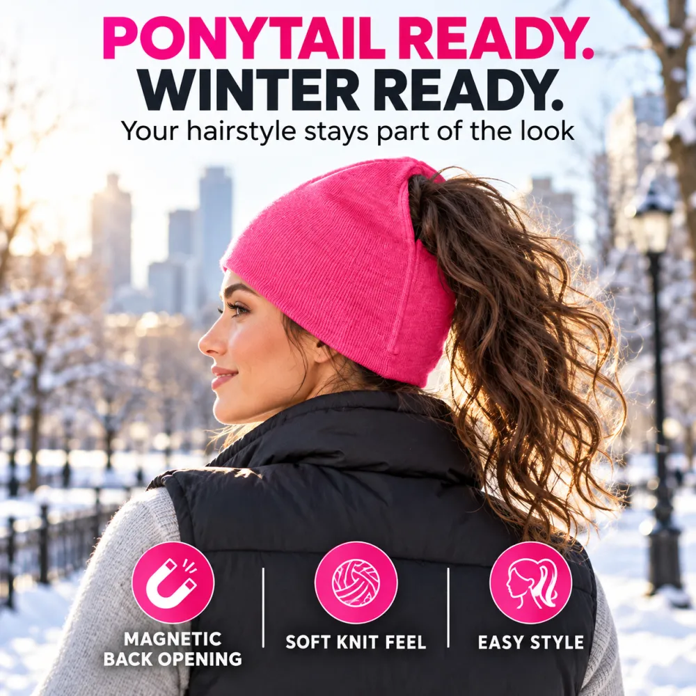Knit Beanie Magnetic Opening Ponytail Hat Wool Beanie Pull-On Hat Auto Magnetic Hat