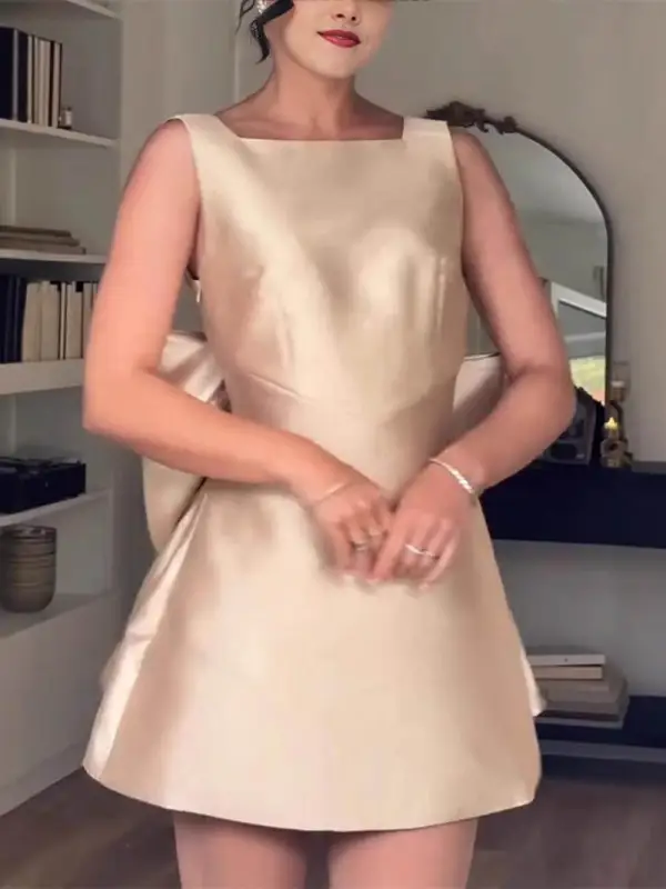 Modern Satin Backless Bow Decorated Mini Dress