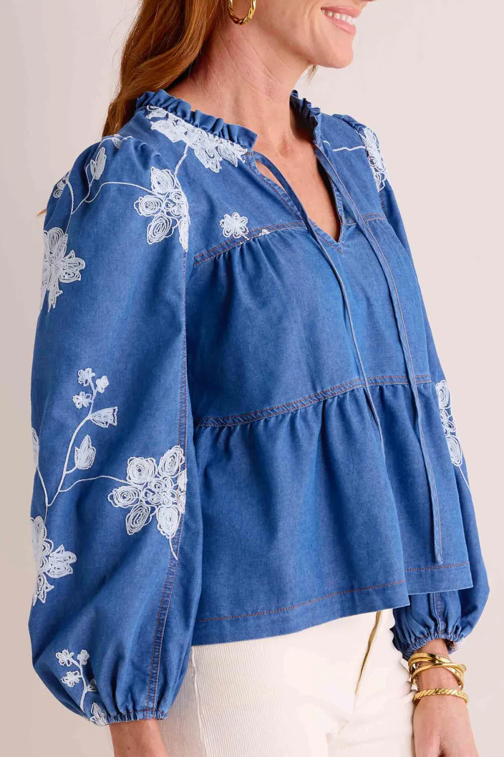 Blue Denim Ruffled Detail V-Neck Peplum Blouse