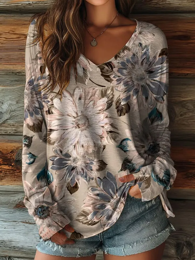 Women's Retro Floral Art Print Casual V-neck Long Sleeve T-shirt