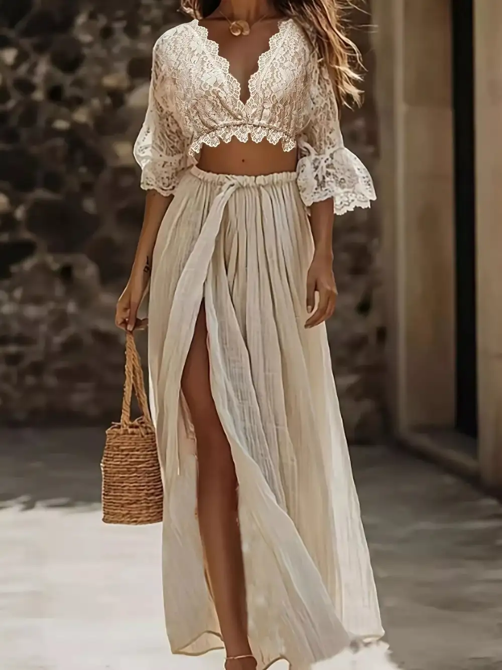 Trim Cropped Lace Detail Coordinated Set