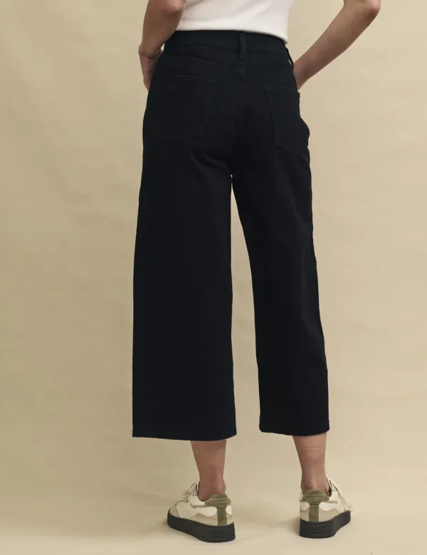 Black Cropped Denim High Rise Wide Leg Jeans