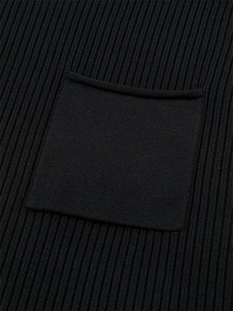 Black Patch Pocket Ribbed Knit Short Sleeve Sweater