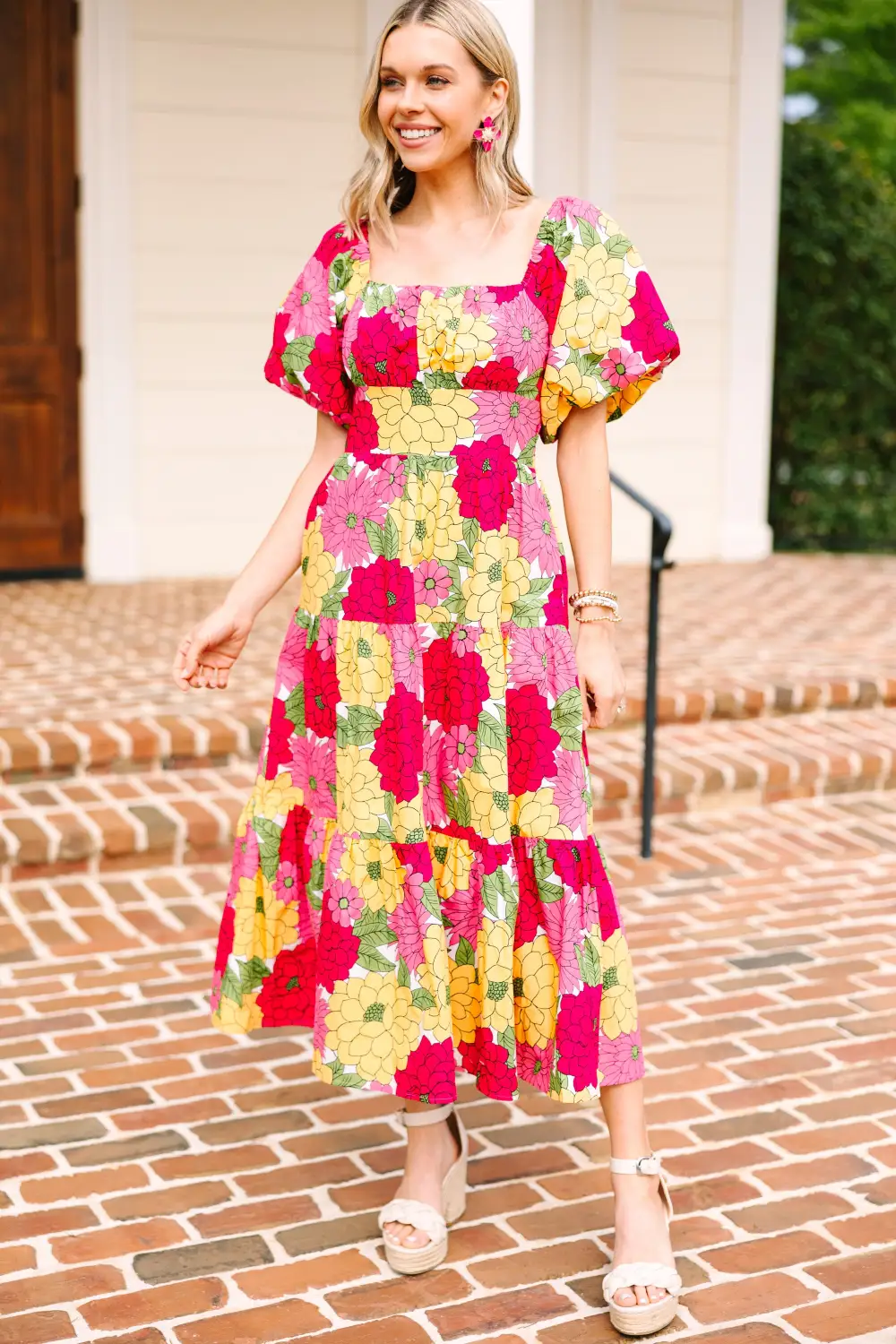 All On Your Own Fuchsia Pink Floral Midi Dress