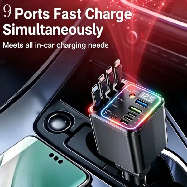 120W Compact Retractable Car Charger — 9-in-1 Fast Charging Station with 4 Built-in Cables, Starlight Projector, RGB Ambient Light, LED Voltage Display, Multi-Plug Vehicle Accessories for iPhone & Android, Cool Road Trip Gear, Car Accessories