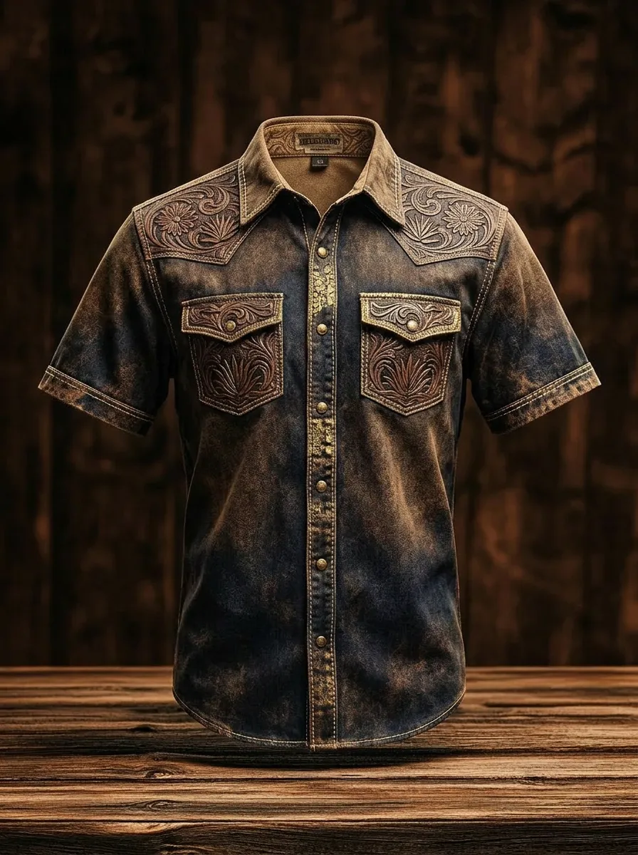 Men's Western Cowboy Floral Tooled Leather Printed Shirt-5