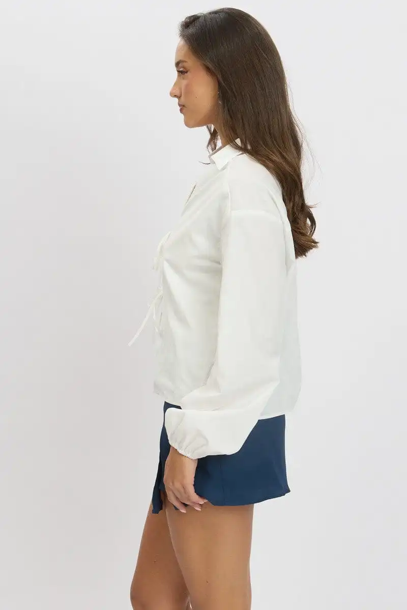 White Tie  Up Front Top Long Sleeve