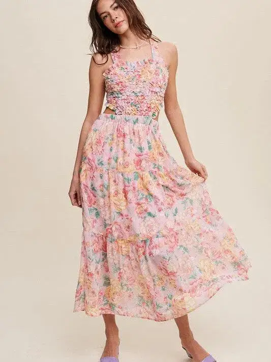 Romance is in the Air Textured Pink Floral Cutout Midi Dress