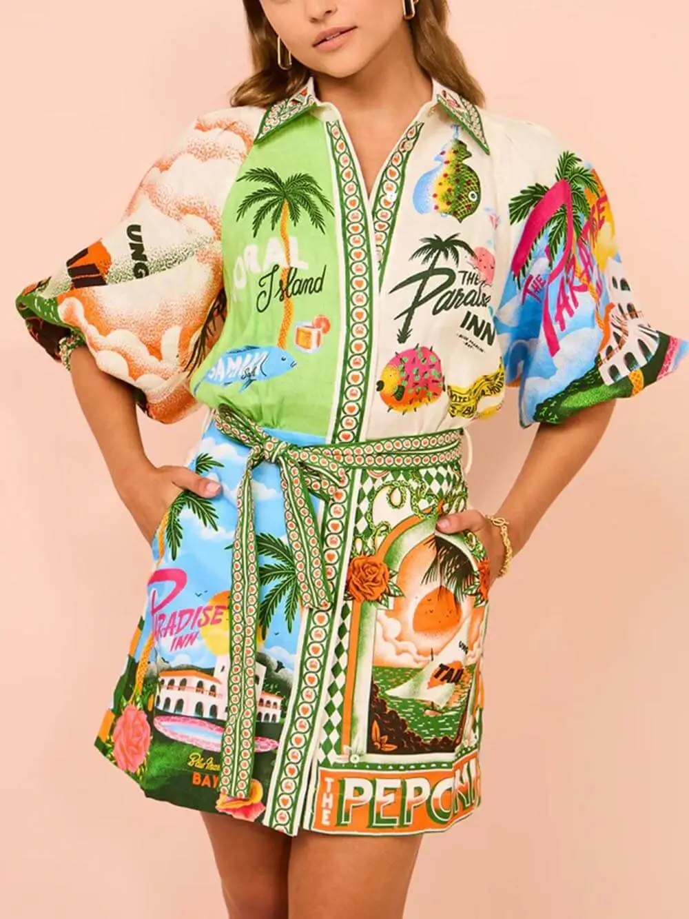 Casual Unique Printed Shirt Cardigan Mini Dress
