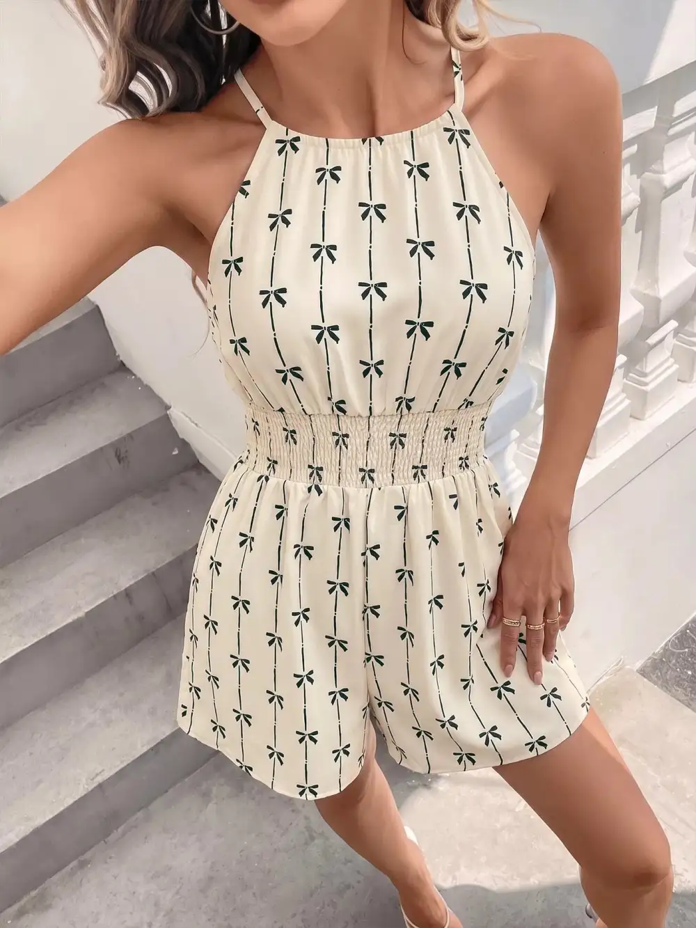 Smocked Halter Bow Print Romper