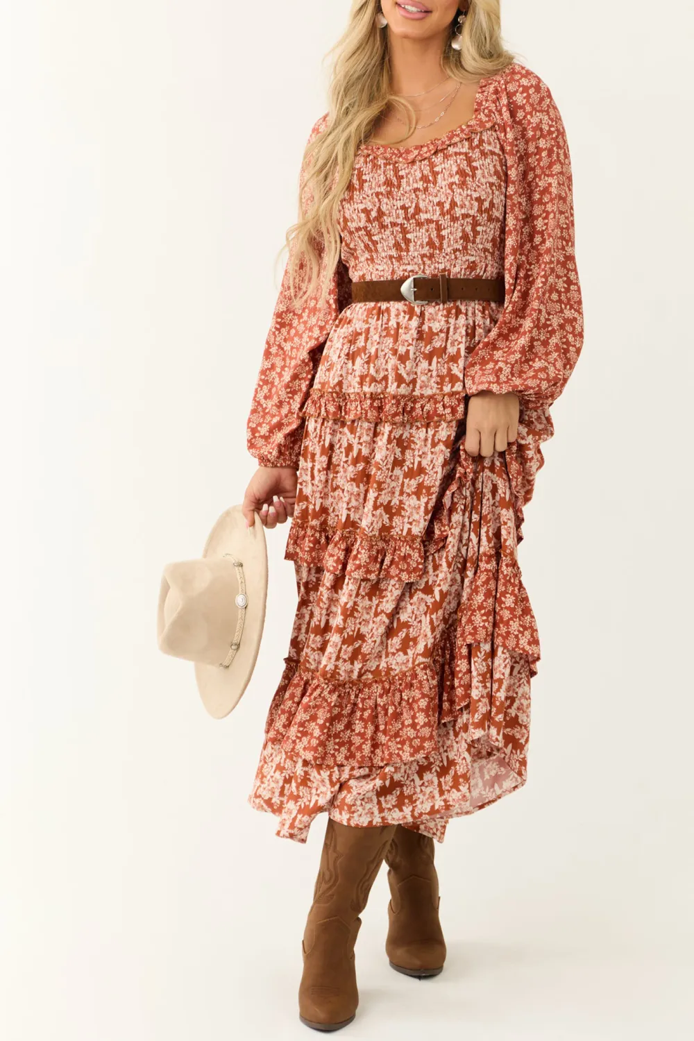 Rust Floral Print Tiered Ruffle Maxi Dress
