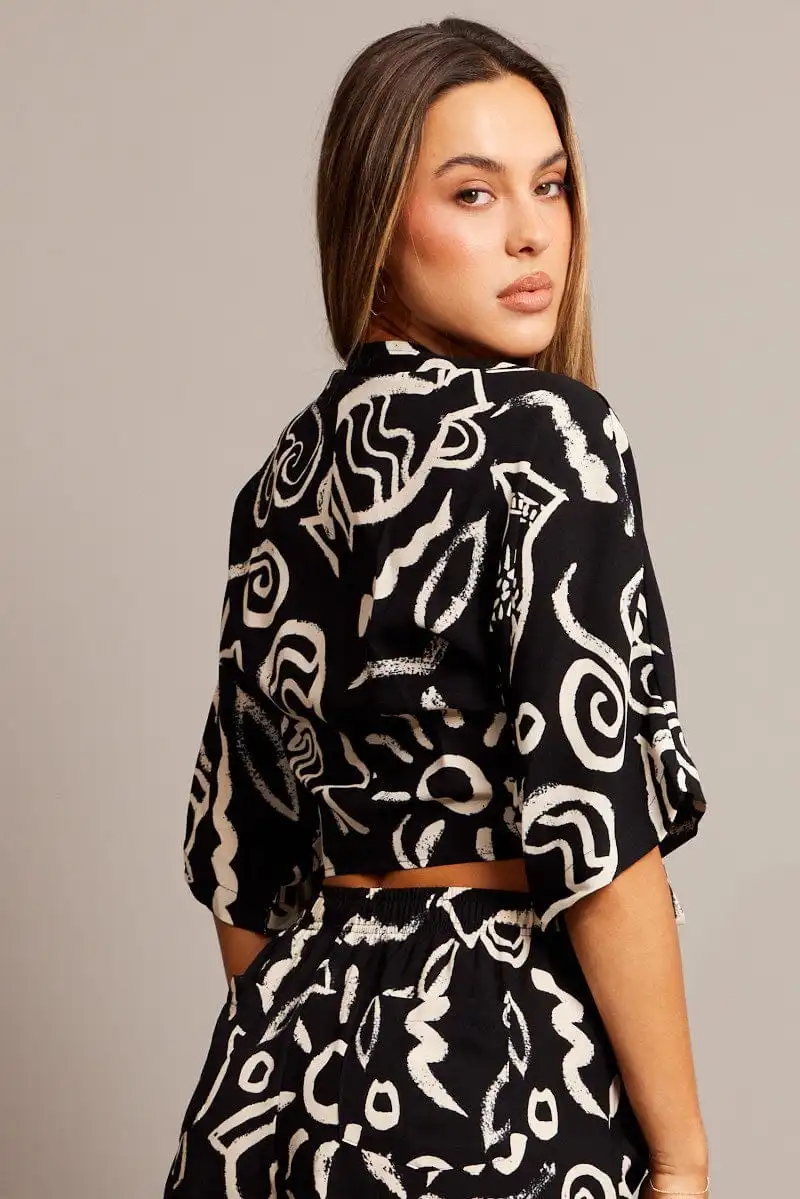 Black Abstract Tie Up Bolero Short Sleeve