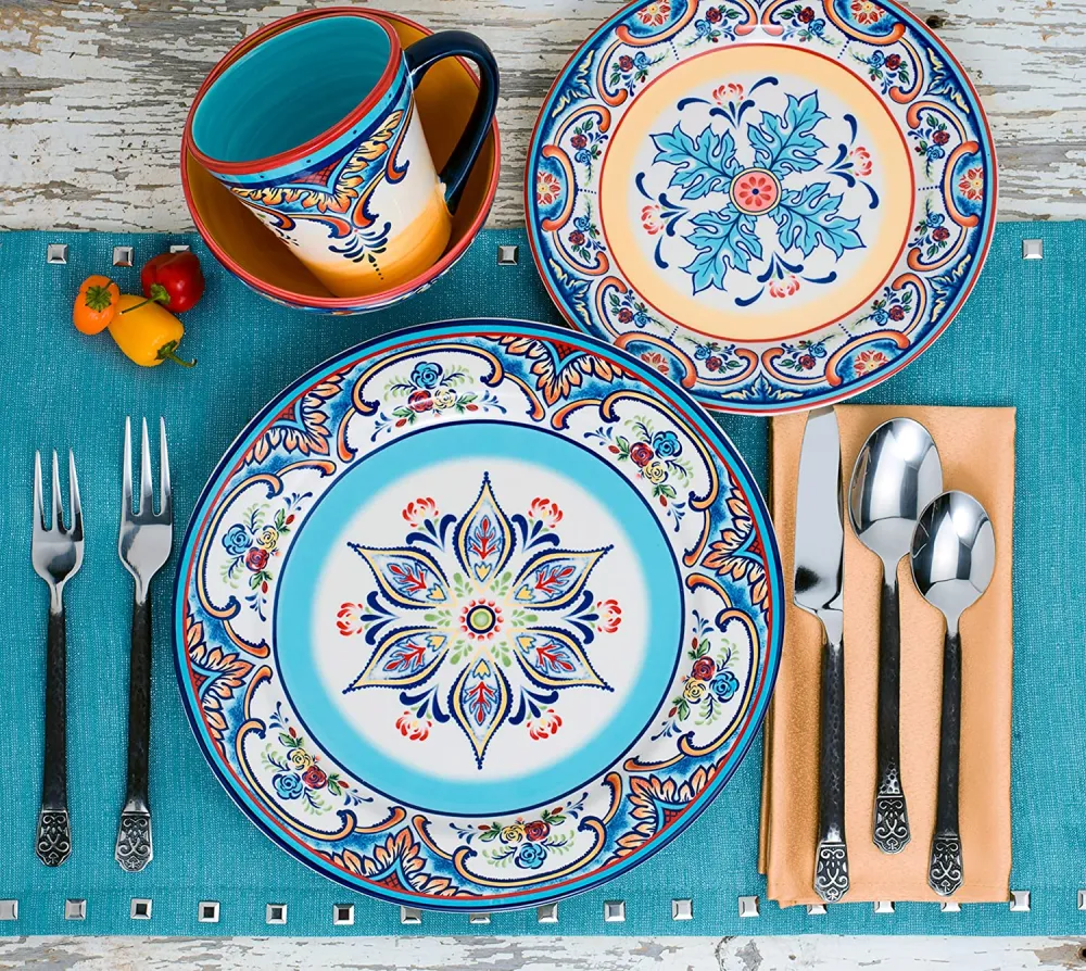 Euro Ceramica Zanzibar Double Bowl 16-Piece Dinnerware Set | Fine Kitchenware | Floral Multicolor Design Stoneware Tableware Service For 4