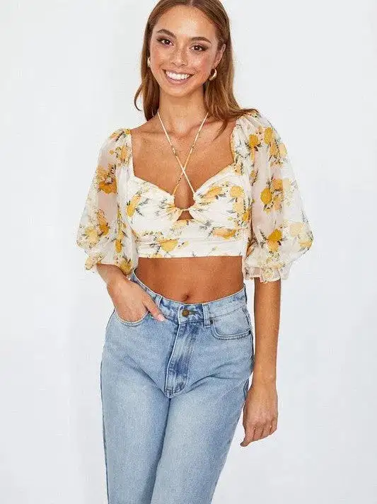 Fearless and Fabulous Chiffon Balloon Sleeved Bustier Crop Top