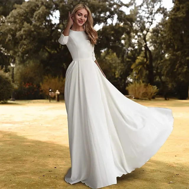 Hall Casual Wedding Dresses A-Line Scoop Neck 3/4 Length Sleeve Sweep / Brush Train Stretch Fabric Bridal Gowns With Pleats Solid Color 2024