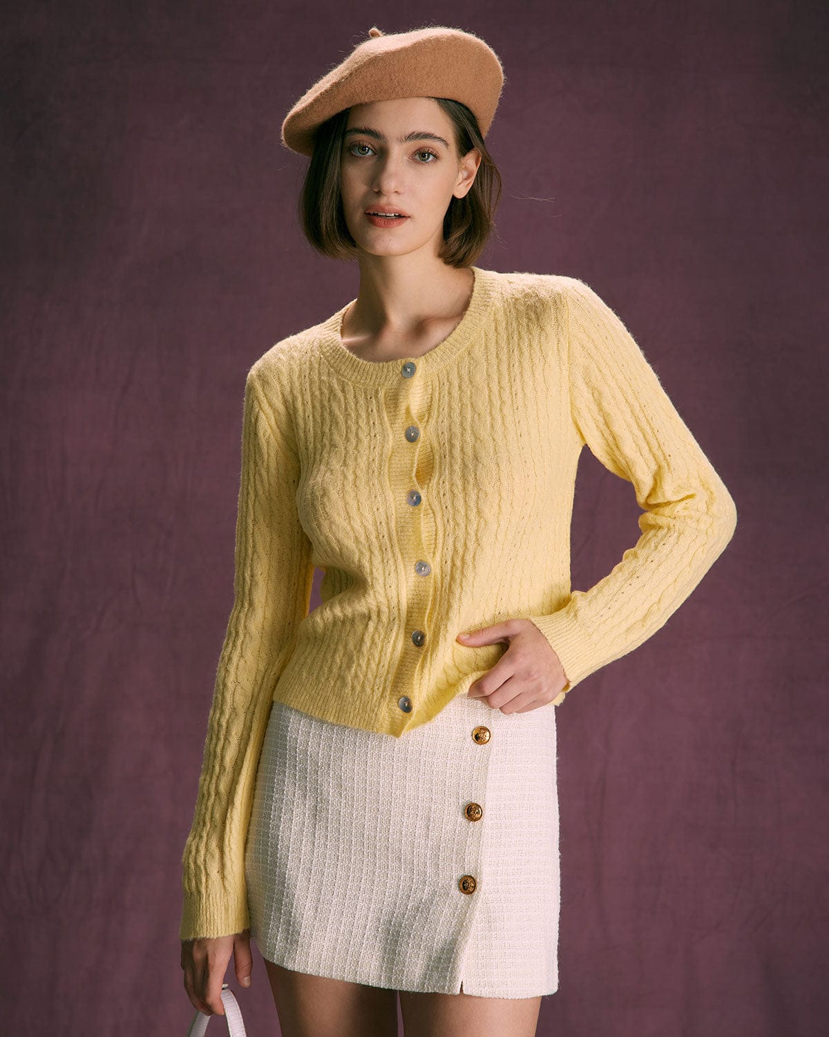 The Yellow Round Neck Cable Ribbed Cardigan