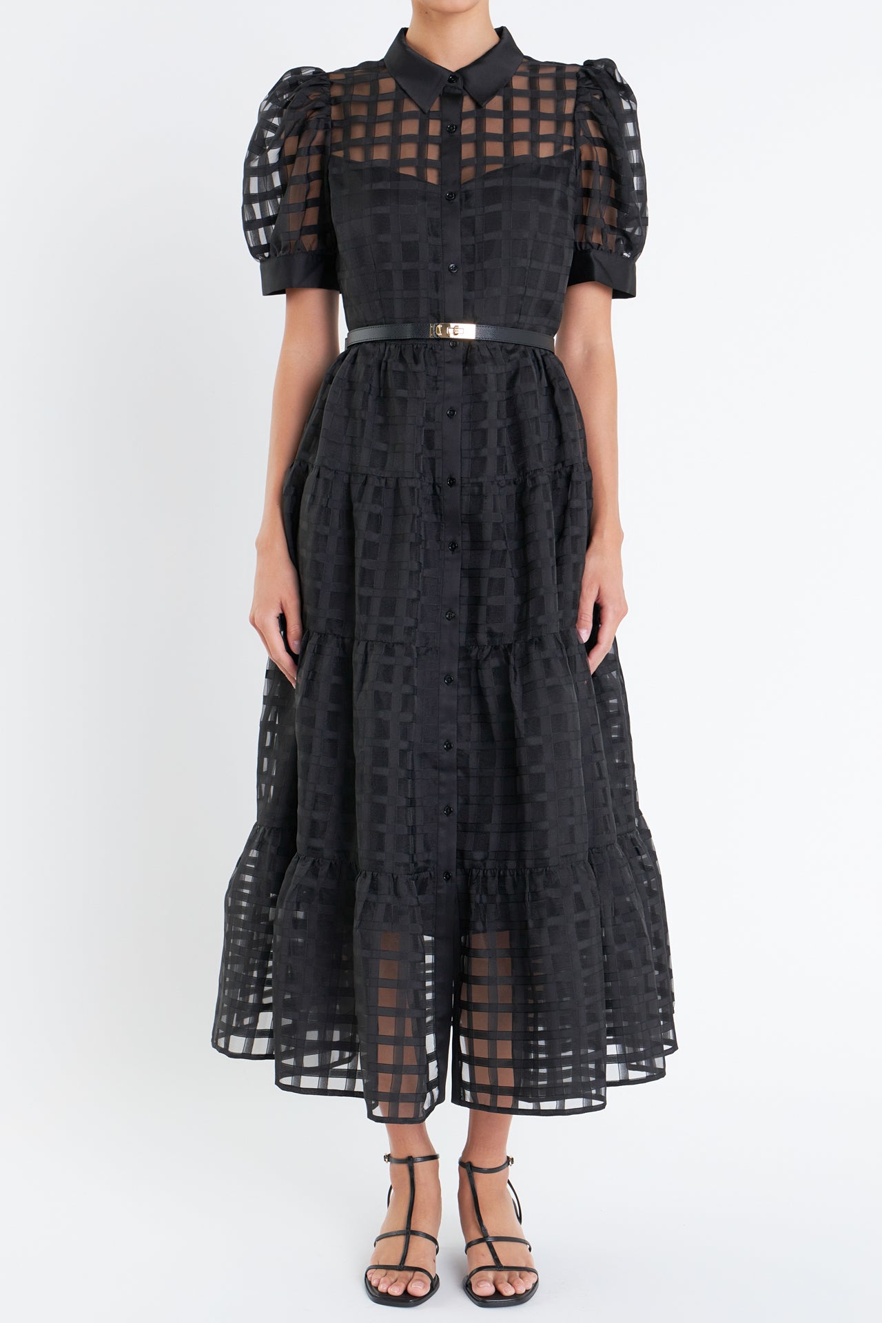 Gridded Organza Tiered Maxi Dress