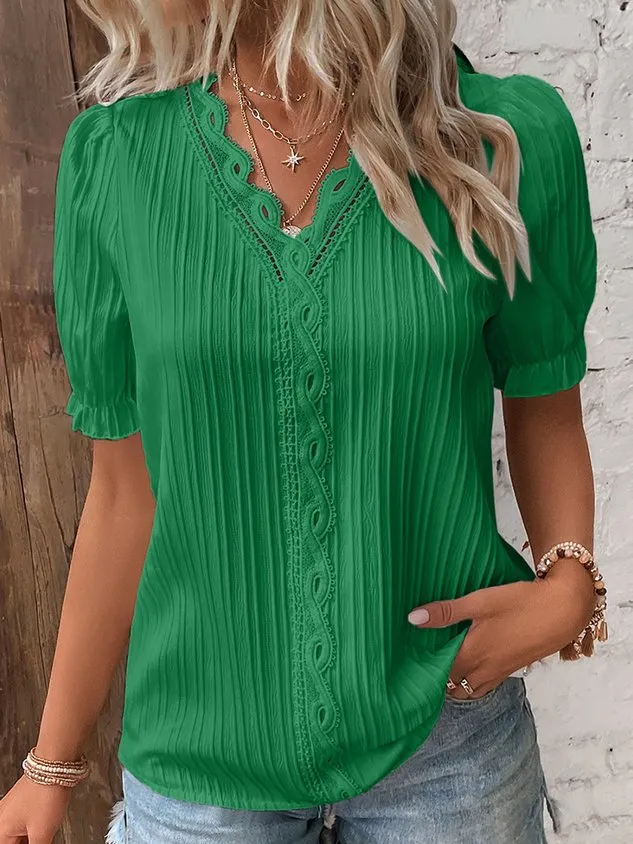 V Neck Plain Lace Elegant Shirt