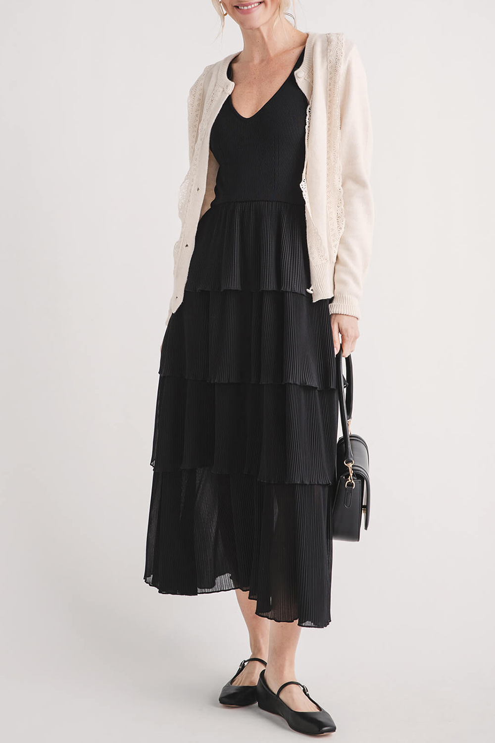 Merci Pleated Tiered Midi Dress - black