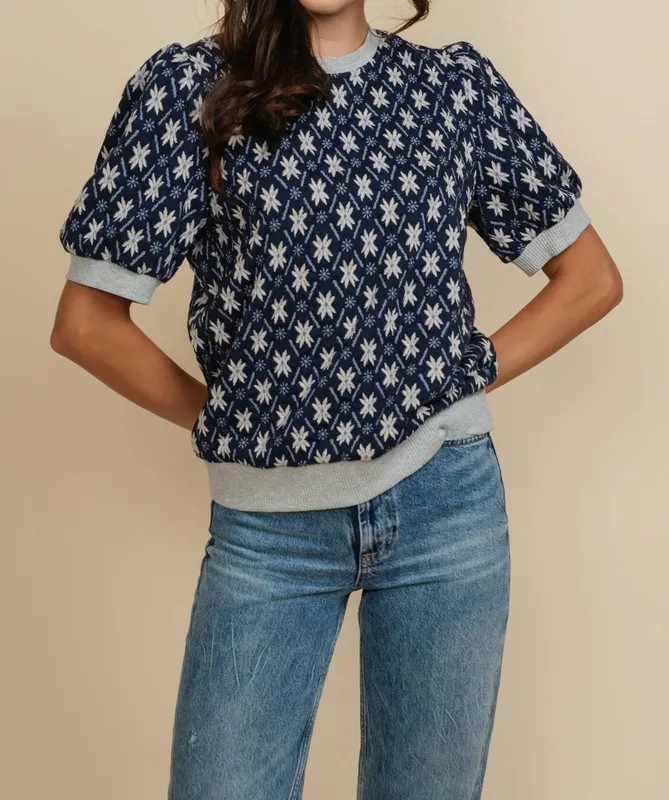 Nordic Star Jacquard Puff Sleeve Knit Top