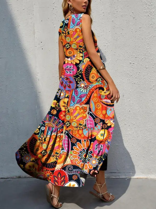 Boho Chic  Tiered Printed V-Neck Sleeveless Dress