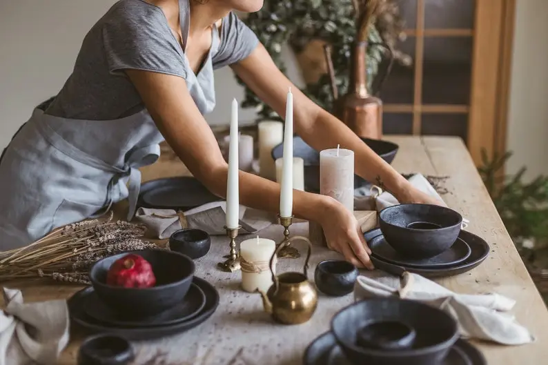 Christmas dinner holiday table setup, simple circle ceramic dish set, Christmas wife gift, handmade dinner and cake plates, soup bowl