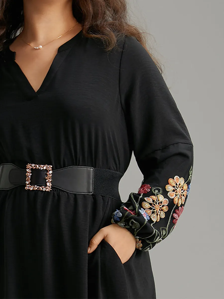 Elegant Premium Waist V-Neck Embroidered Dress