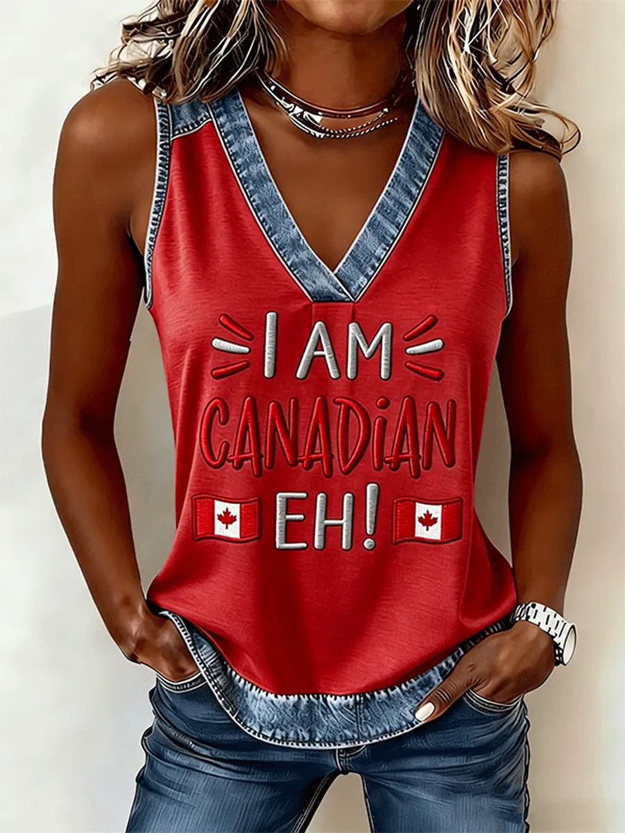 Women's I Am Canadian Eh! Denim Trim Embroidered Tank Top