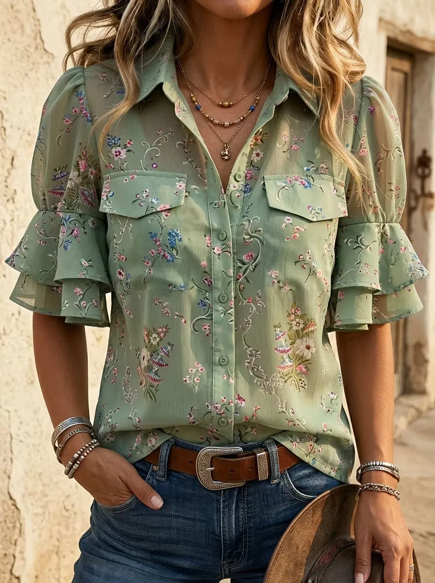 Vintage Floral Print Lapel Puff Sleeve Ruffle Shirt