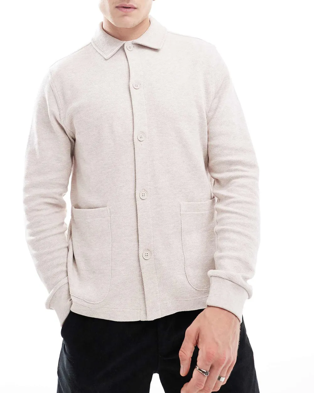 Long Sleeve Button Through Polo Shirt In Off White Jersey