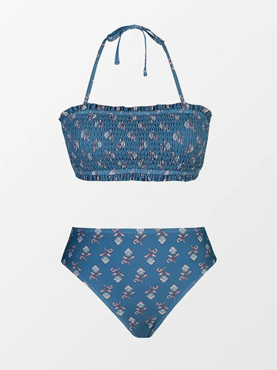 Women's Smocked Bandeau And Mid-Rise Bikini Set