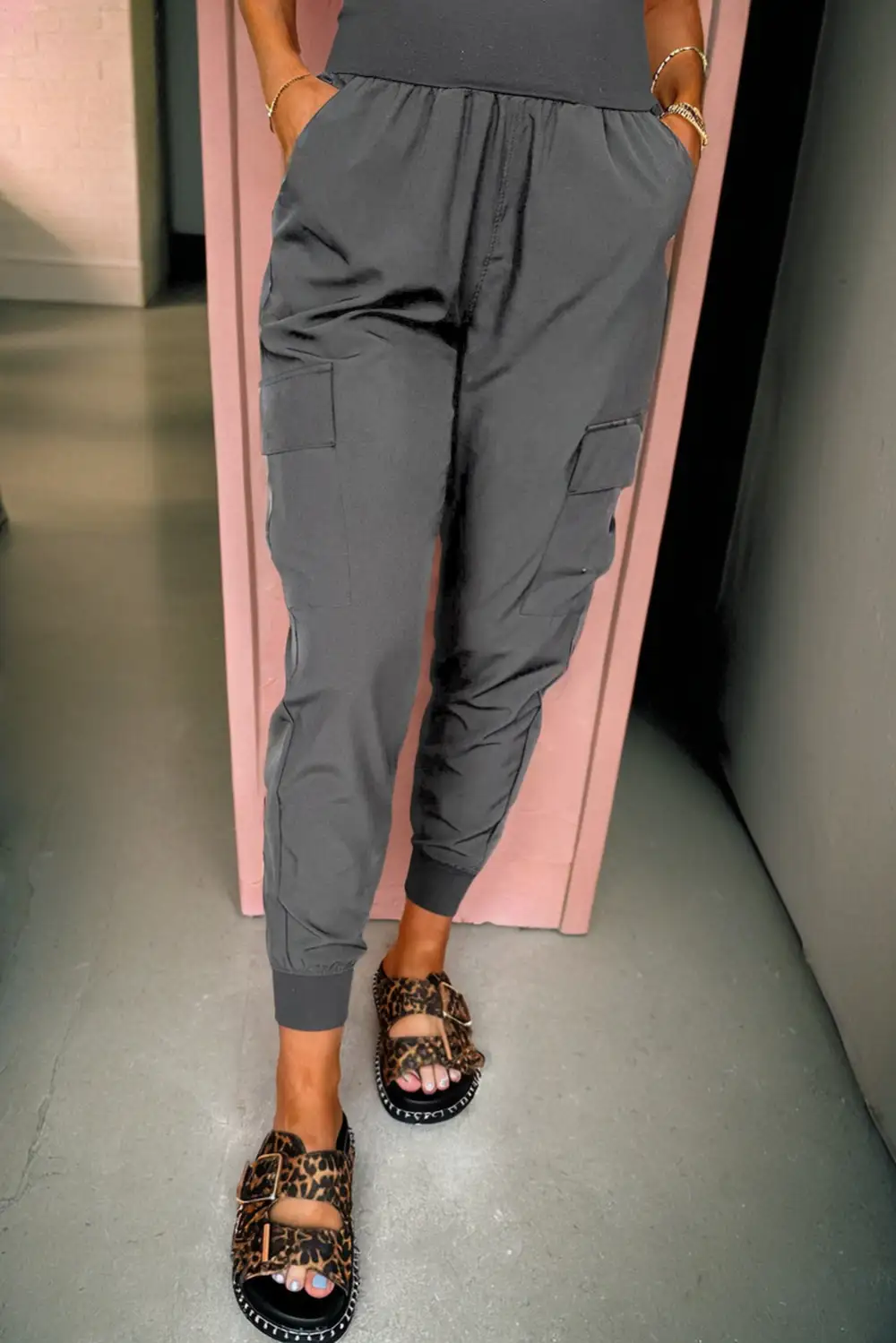 Elastic High Rise Pocketed Cargo Jogger Pants