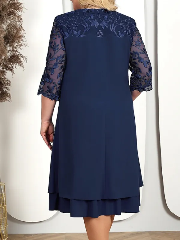 Women's Plus Size Curve Party Dress Lace Dress Cocktail Dress Midi Dress Pink Dark Blue Light Blue 3/4 Length Sleeve Floral Lace Spring Fall Winter Crew Neck Fashion Birthday Wedding Guest