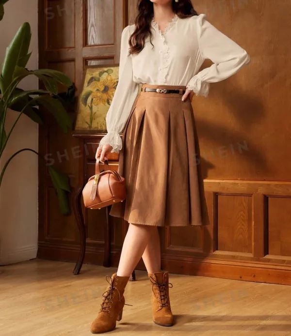 Women's Ruffle Contrast Lace V-Neck Long-Sleeve Blouse