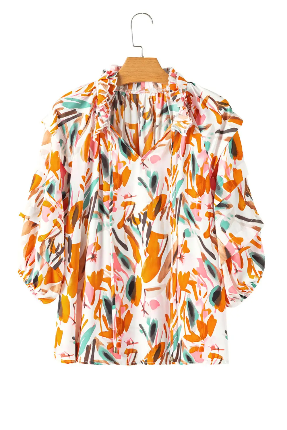 Abstract Print Frilled V-Neck Blouse