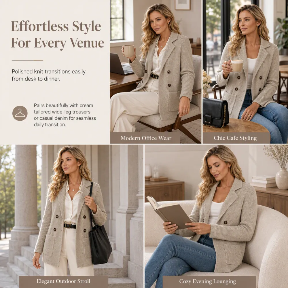 🌸Women's Double-Breasted Ribbed Knit Cardigan with Pockets and Notched Lapel
