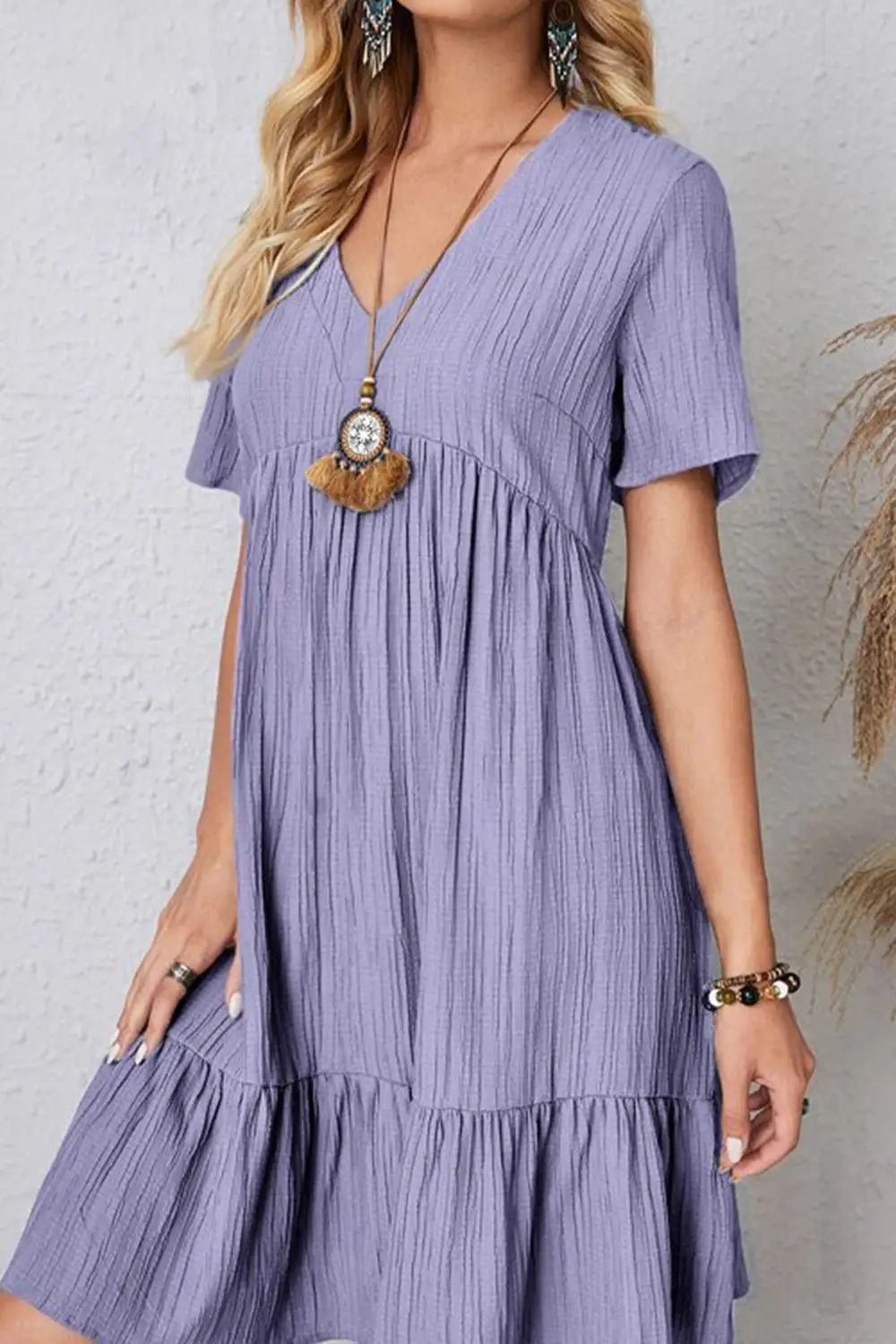 Boho Chic  Plus Size Ruched V-Neck Short Sleeve Dress