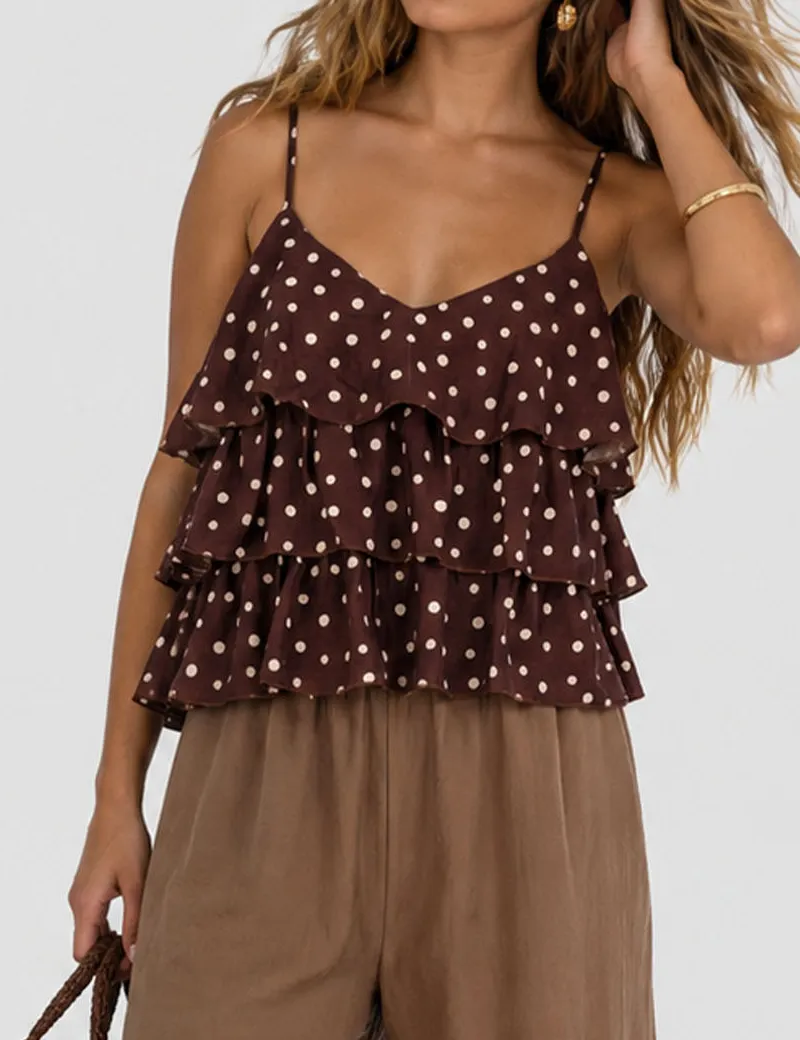 Polka Dot Layered Ruffle Spaghetti Strap Cami Top