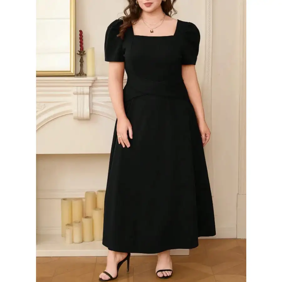 Plus Size Square Neck Puff Sleeve Midi Dress