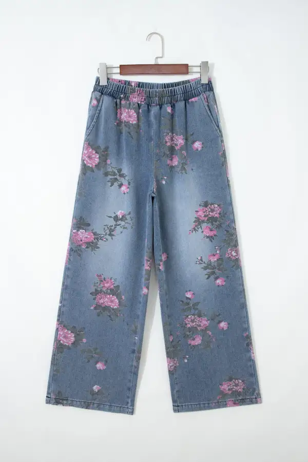 Elastic Waist Floral Print Pull On Jeans