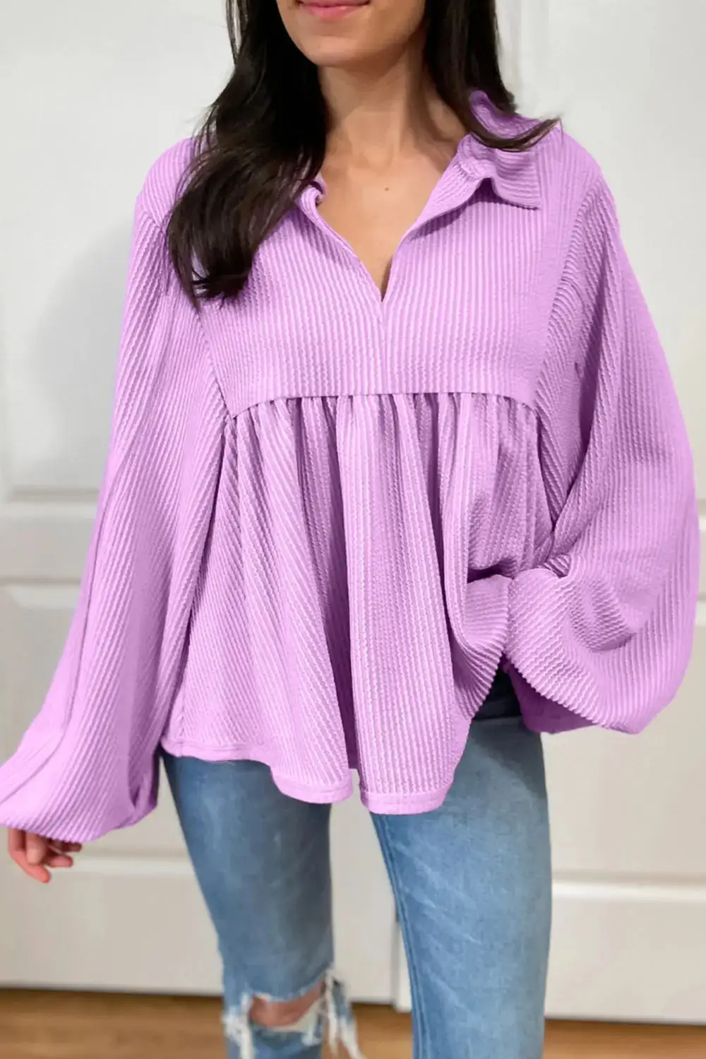 V-Neck Turn-down Collar Blouse