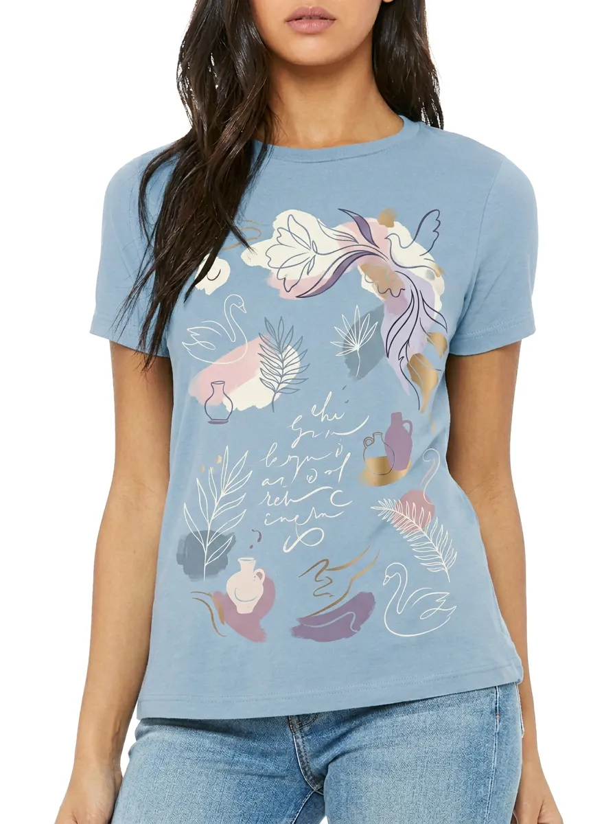 Women's Abstract Swan Floral Vase Script Printed T-shirt