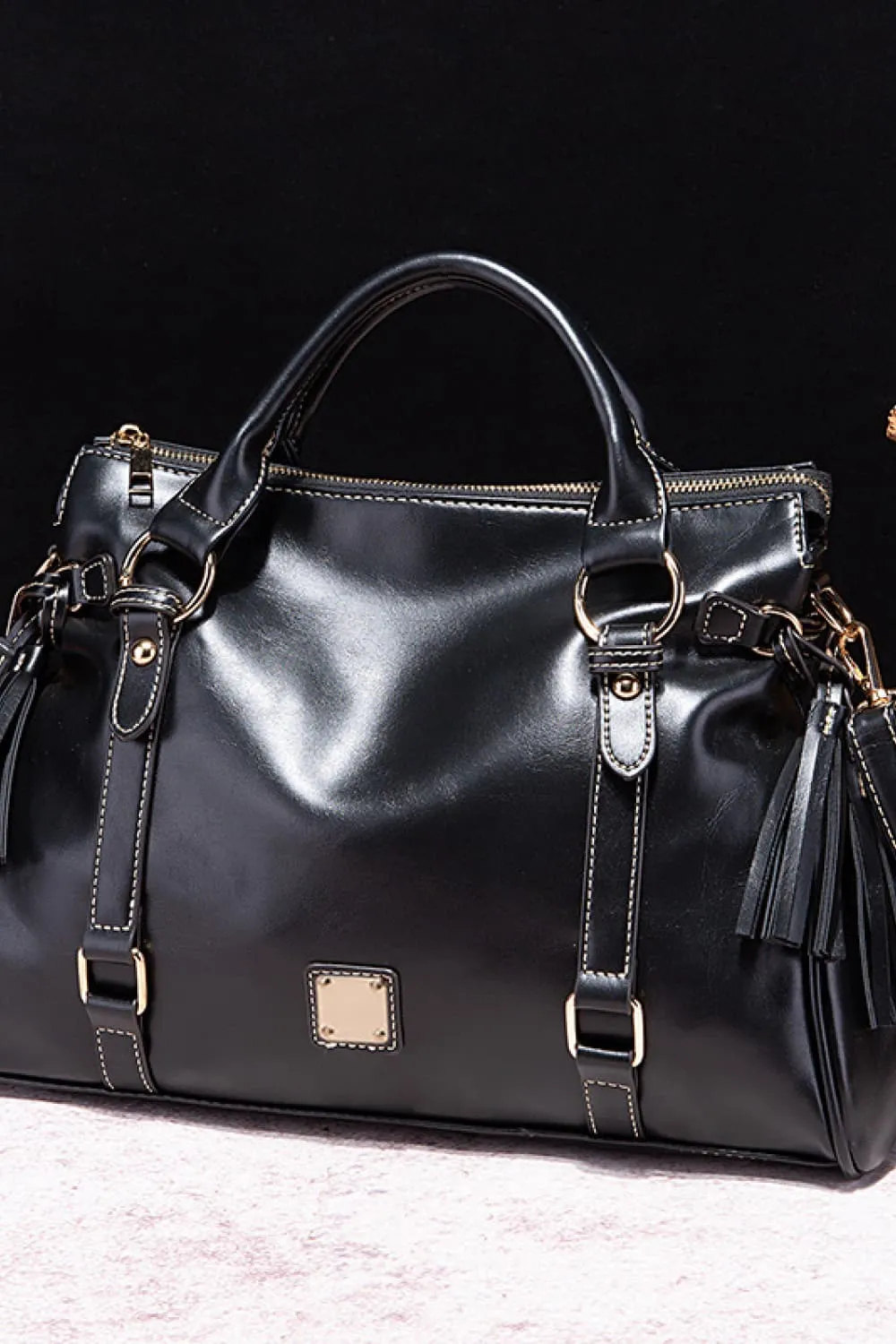 Tassel Accent Faux Leather Handbag