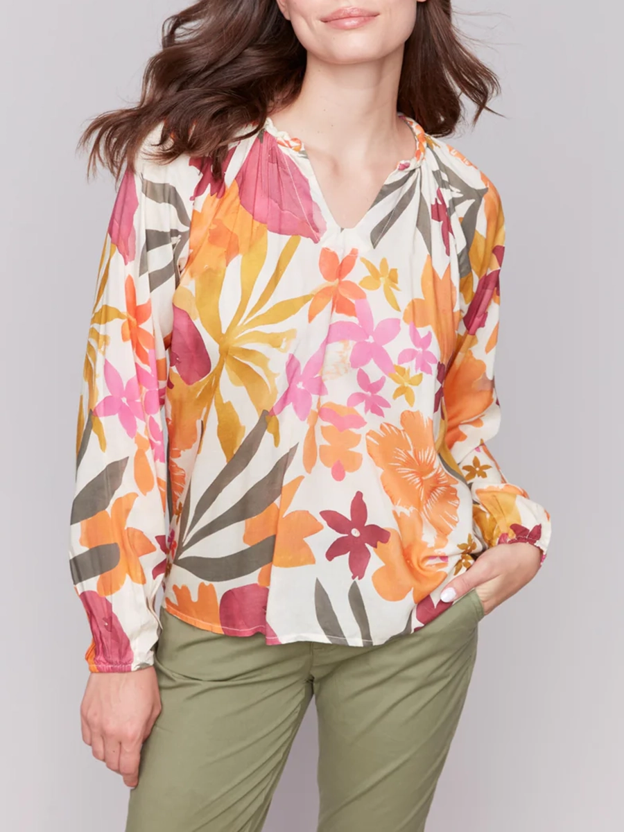 Artistic Floral All-Match V-Neck Long-Sleeved Top