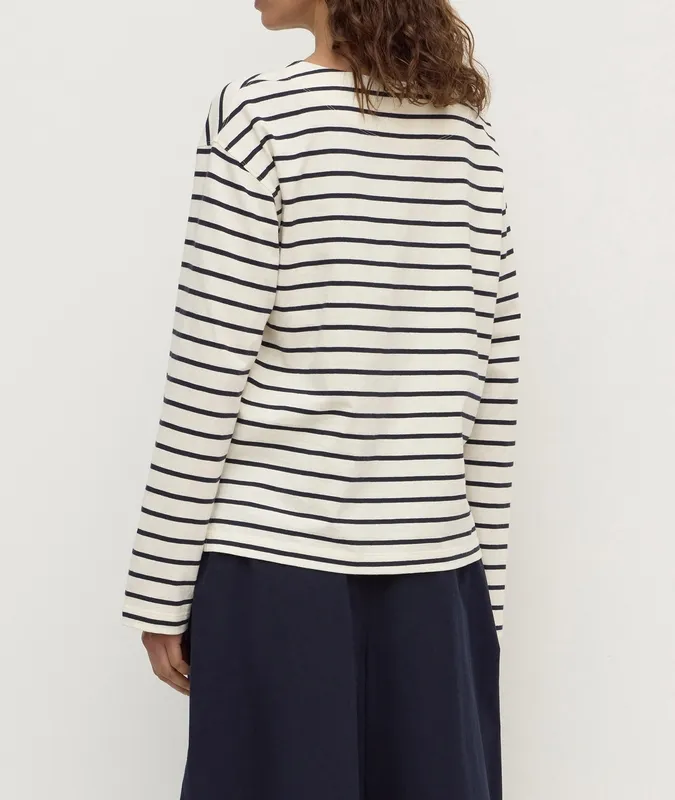 Navy & Antique White Breton Stripe Boat-Neck Long Sleeve Tee