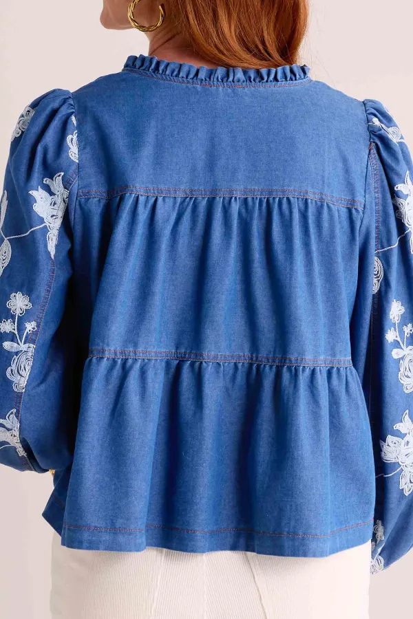 Blue Denim Ruffled Detail V-Neck Peplum Blouse
