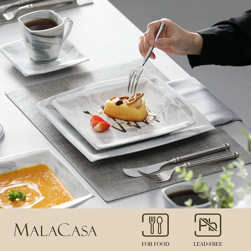 MALACASA Dish Set for 12, 60 Piece Marble Grey Square Dinnerware Sets, Porcelain Dinner Set with Plates and Bowls Sets, Cups and Saucers, Dishware Sets Kitchen Dishes Microwave Safe, Series Blance