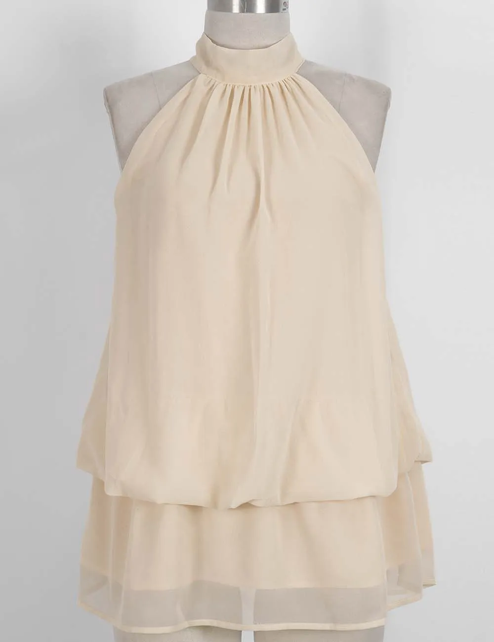 Chiffon Stand Neck Solid Color Ruffle Hem Sleeveless Top