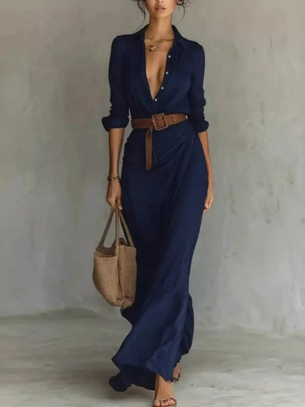 Gathered Detail Ruched Long Sleeve Maxi Dress