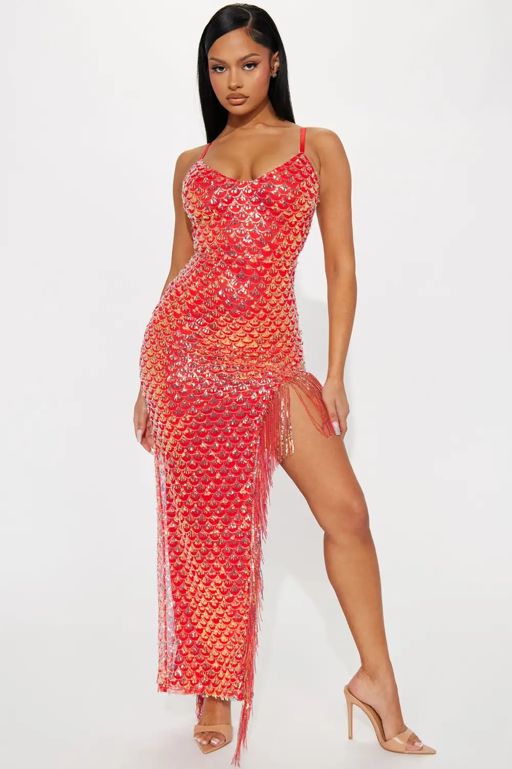 Melanie Sequin Maxi Dress - Coral